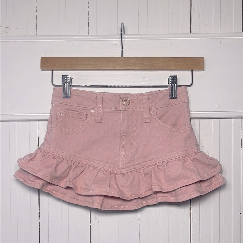 GAP x Love Shack Fancy EUC Pink Denim Ruffle Mini Skirt